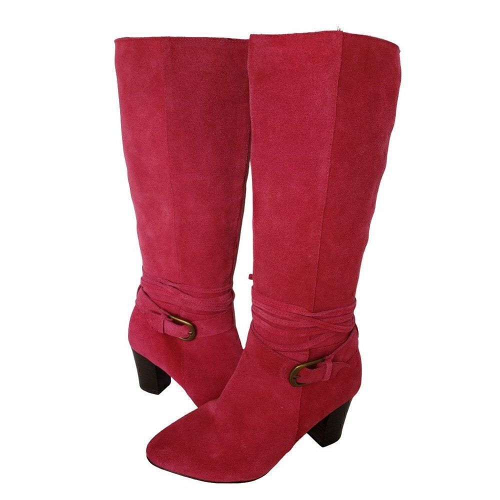 Women's Knee High Boots Leather Tall Zip Up Block Heel Boots Red Size 6.5w New
